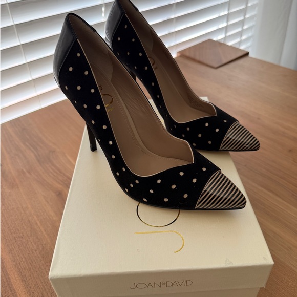 Joan & David Black Suede Pointed Pumps with Striped Cap - Picture 2 of 4